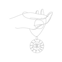 Vector doodle illustration of hand with amulet. Esoteric jewellery. Talisman.