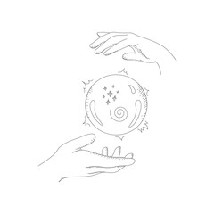 Vector doodle hands and crystal ball. Fortune telling. Esoteric illustration.