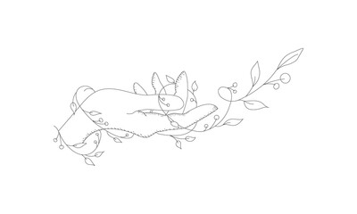 Doodle vector black and withe illustration of hand with winding flowers. Line art of hand and ivy flower
