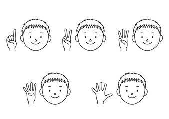 Set of illustrations of boy who expressing the numbers 1 to 5 with hand signs