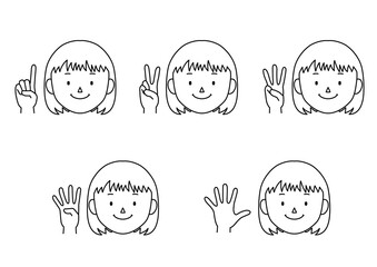Set of illustrations of girl who expressing the numbers 1 to 5 with hand signs