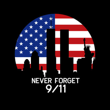 American National Holiday. US Flag background with American stars, stripes and national colors. New York. Text: NEVER FORGET 9/11