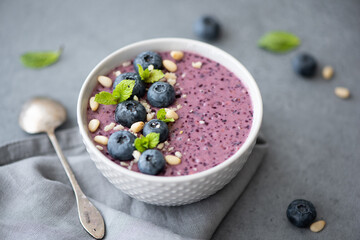 blueberry smoothie with mint and pine nuts