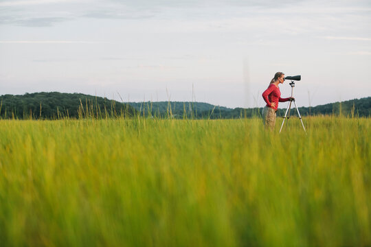 Woman With Binoculars Bird Watching on Marsh