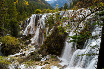 Pearl Shoal Waterfall in Jiuzhaigou National Park, Sichuan Province, China. UNESCO as a World Heritage Site.