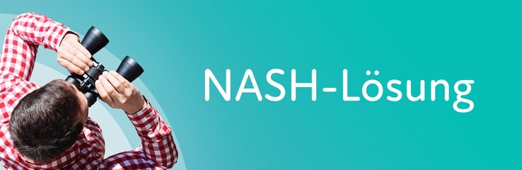 Naklejka premium NASH-Lösung. Mann bei Beobachtung mit Fernglas. Fokus auf Text/Wort. Panorama Format. Hintergrund blau/türkis.