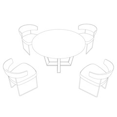Outline chairs stand around the table. Perspective view. 3D. Vector illustration