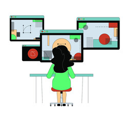 The woman designer sits back and works on her devices. Vector illustration isolated on white background. 