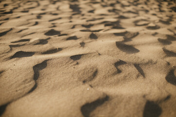 Wind blown beach sand casting shadows at sunset