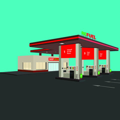 Isometric 3D Petrol station building with 24 hours shop. Vector Design Style