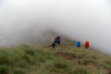 Obraz premium Mountain tourism. A tourists on a mountain pass in foggy weather.