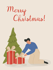 Fototapeta premium Happy man preparing for holiday celebration. A dad or husband putting gifts under Christmas tree. Winter holiday celebration. Present giving, Xmas tradition. Vector illustration in flat cartoon style.