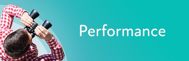 Fototapeta premium Performance. Mann bei Beobachtung mit Fernglas. Fokus auf Text/Wort. Panorama Format. Hintergrund blau/türkis.