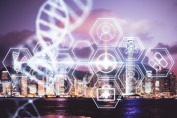Double exposure of DNA drawing and cityscape background. Concept of education.