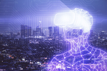 Double exposure of AR people drawing and cityscape background. Concept of augmented reality.