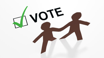 Two papaer people of color with a vote checkbox and a green checkmark in a 3d illustration.