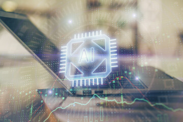 Double exposure of table with computer on background and data theme hologram. Data technology concept.