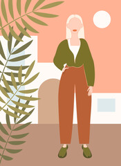 Abstract woman on a minimalistic background. Young woman on the background of the building. Full-length image of a man. Fashion illustration. Vector illustration in retro style.