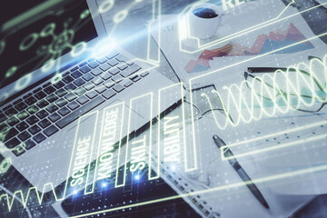 Desktop computer background and education theme drawing. Double exposure. Study concept.