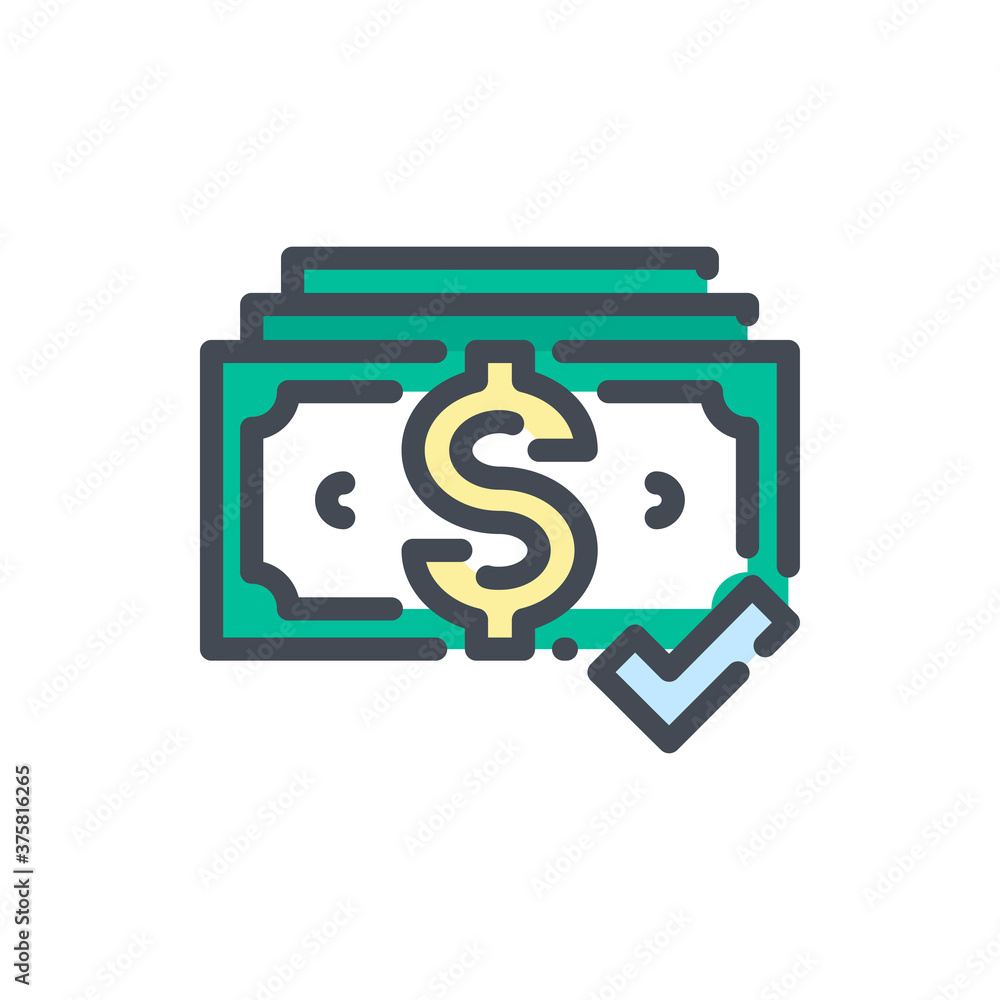 Poster dollar with check mark color line icon. confirmation of payment vector outline colorful sign.