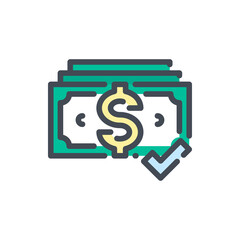 Dollar with Check Mark color line icon. Confirmation of Payment vector outline colorful sign.