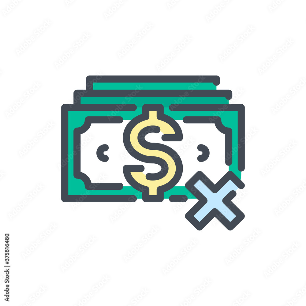 Poster dollar with cross color line icon. cancellation of payment vector outline colorful sign.