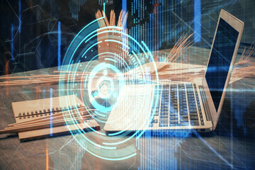 Multi exposure of table with computer on background and data theme drawing. Concept of innovation.
