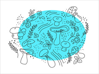 Autumn Doodle background with mushrooms, leaves and plants.  Decorative Circular pattern for printing, covers, background, web. Vector illustration
