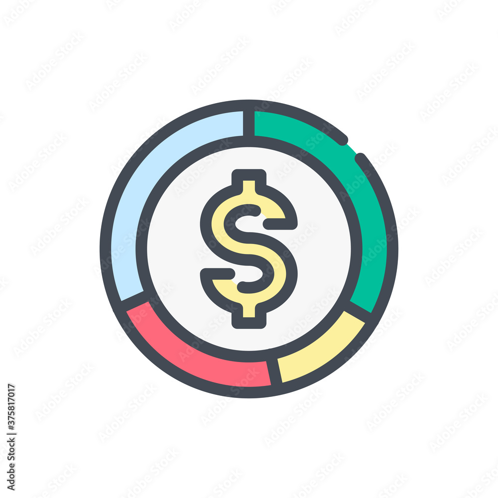 Poster dollar stats color line icon. financial statistics pie chart vector outline colorful sign.