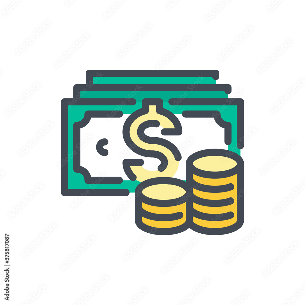 Poster dollar with stack of coins color line icon. savings and investments vector outline colorful sign.