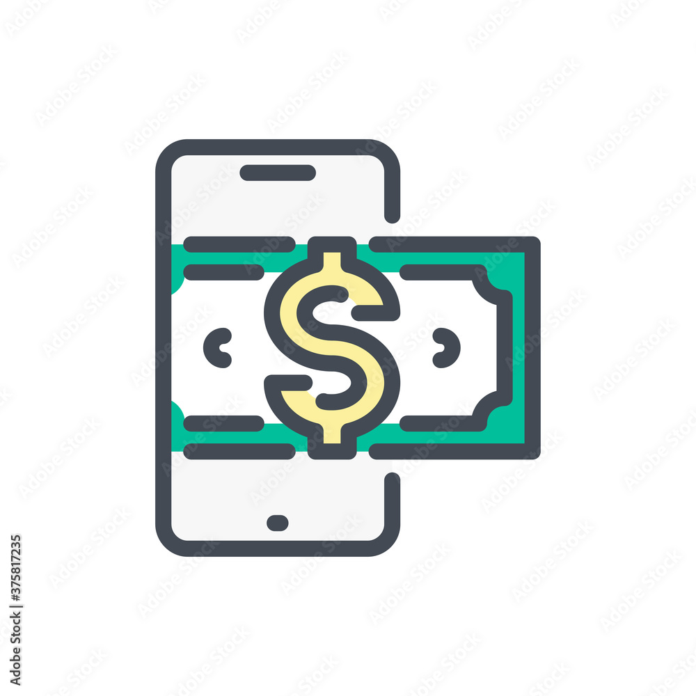 Poster mobile payment color line icon. mobile phone with dollar vector outline colorful sign.