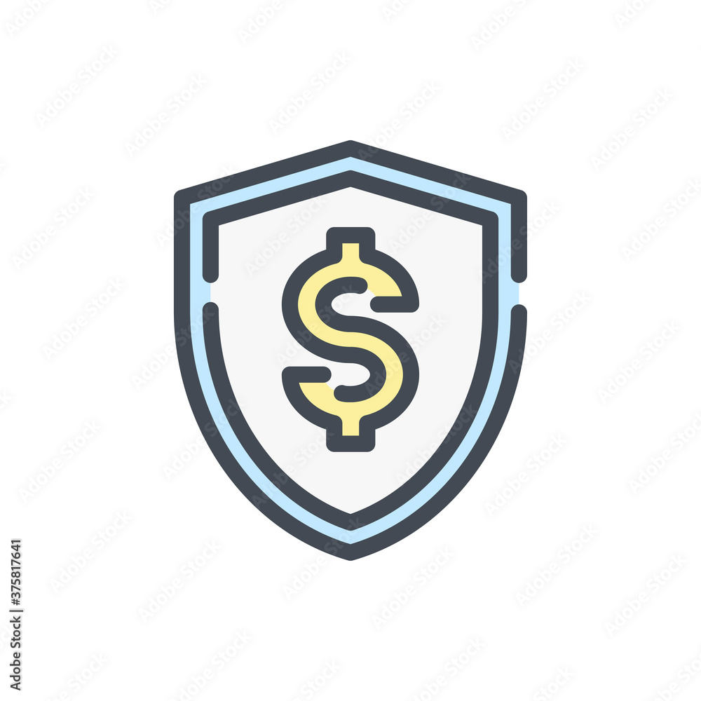 Poster shield with dollar color line icon. secure payment vector outline colorful sign.
