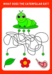 
What does the caterpillar eat? Labyrinth for children. Educational game for children. Activities for preschoolers and toddlers. Educational and logical game for children. Illustration.