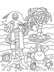 Young pirate vector coloring page. Pirate with tricorn hat and spyglass is on coast with crab sees on little island with two palms. Complicated pirate adventure colouring book page kids illustration