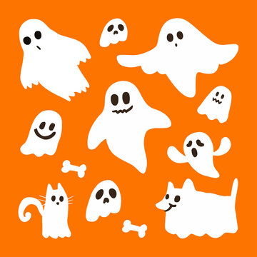Halloween ghost set vector design. Cute funny ghosts and pet ghosts on orange background. cartoon style
