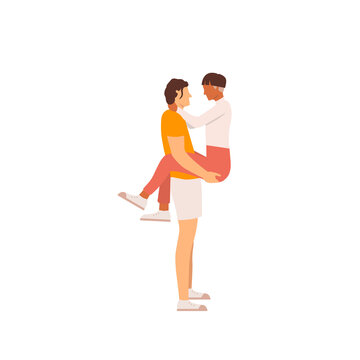 Homosexual couple. Man in the arms of another gay man. Romantic gay couple on isolated white background. Flat illustration for greeting card.