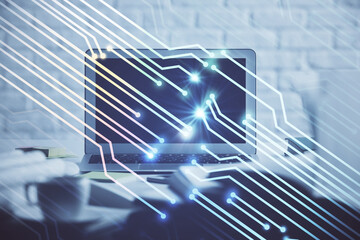 Multi exposure of desktop computer and technology theme hologram. Concept of software development.