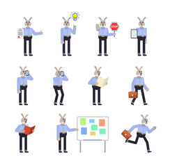 Fototapeta na wymiar Set of rabbit characters showing various actions. Cheerful hare holding stop sign, clipboard, document, talking on phone, running and showing other actions. Flat design vector illustration