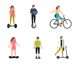 People on eco transport - riding bicycle, skateboard, kick scooter, mono wheel, gyroscooter, rollers. Vector illustration in flat style, isolated on white background.