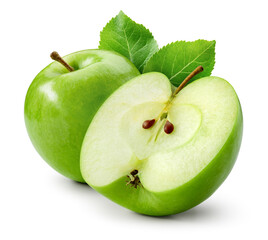 Green apples with leaves isolate. Apple on white background. Two green apples with leaf. Whole...