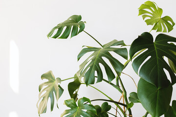 Monstera deliciosa or Swiss cheese plant in a modern interior, the concept of minimalism and scandy style. A beautiful combination of colors: green and white. Details of a modern interior. 