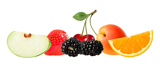 A stack of fresh ripe summer fruits and berries isolated on white background. Blackberry, apple, strawberry, apricot, cherry, orange in a line.