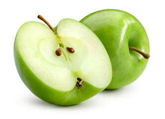 Green apple isolate. Green apples on white background. Whole and a half of green apple with clipping path. - obrazy, fototapety, plakaty