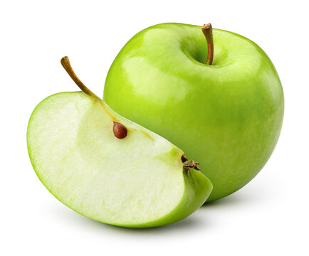 Green apple isolate. Green apples on white background. Whole and a slice of green apple with clipping path.