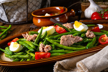 Rustic green bean salad with egg and tuna