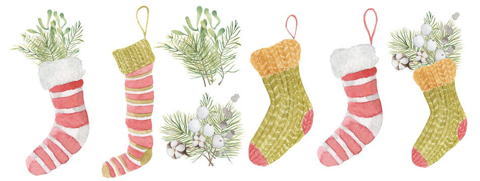 Watercolor Christmas sock with mistletoe and pine  branches. Hand drawn illustration