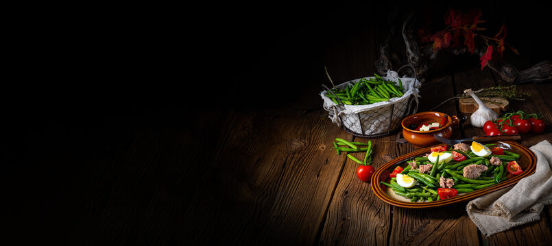 Rustic green bean salad with egg and tuna