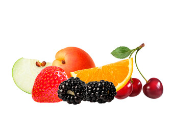 A stack of fresh ripe summer fruits and berries isolated on white background. Blackberry, apple, strawberry, apricot, cherry, orange in one composition.