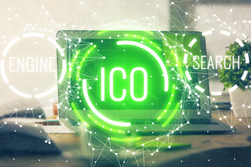 Double exposure of blockchain theme hologram and table with computer background. Concept of bitcoin...