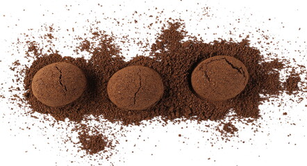 Milled espresso coffee powder pile isolated on white background, top view